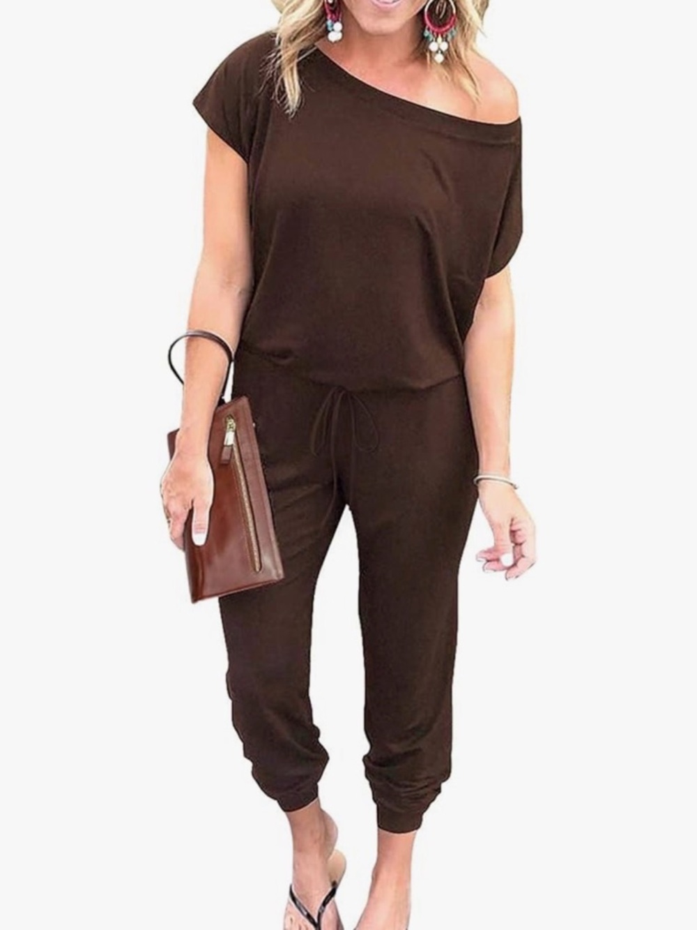 Off-Shoulder Drawstring Jumpsuit in Dark Brown